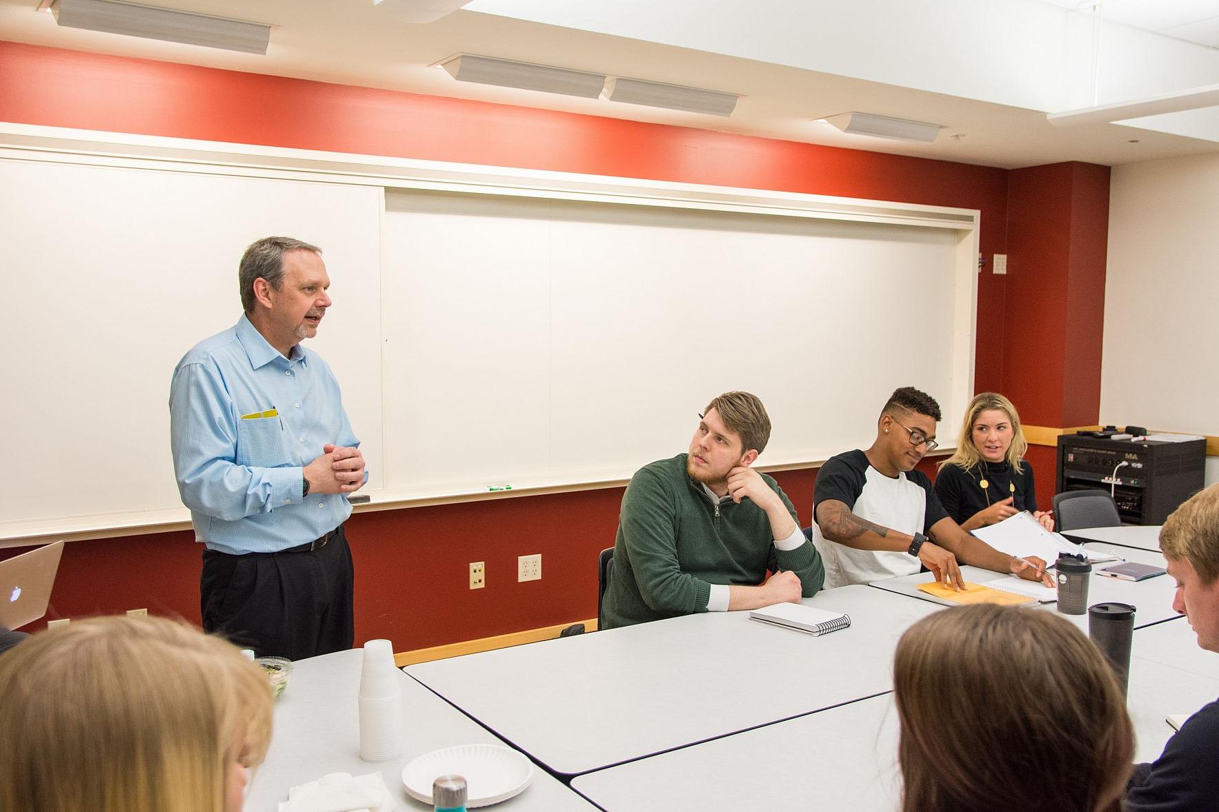 Students pursuing a business management major in a Sales and Marketing class with Prof. JJ Shields.